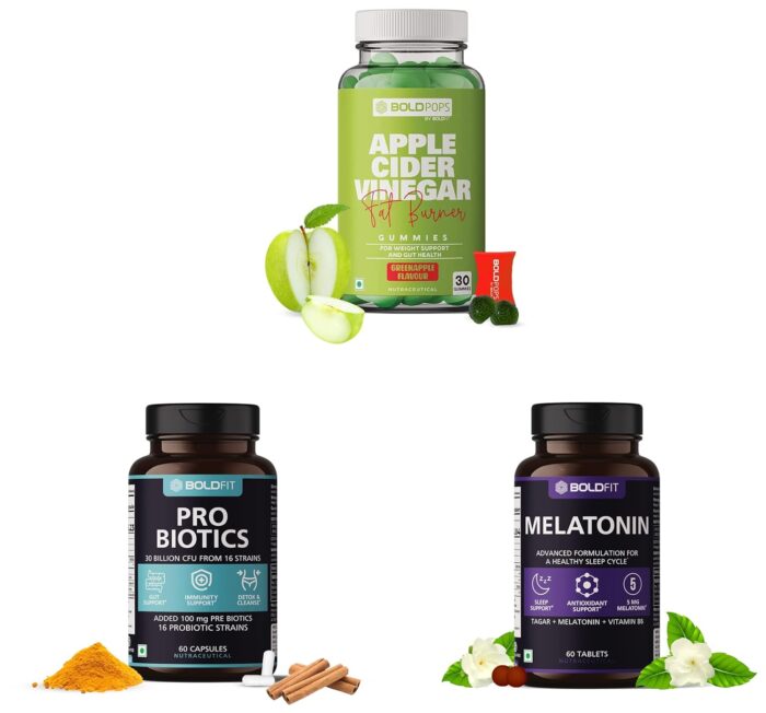 Boldfit BOLDPOPS Apple Cider Vinegar Gummies & Gelatin-free - 30 Green Apple Flavoured Gummies & Melatonin 5mg Sleeping Aid Pills & Probiotics Supplement 30 Billion CFU & Prebiotics,Detox & Cleanse