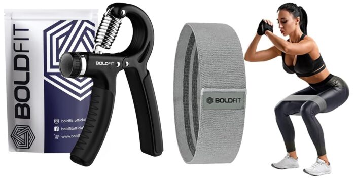 Boldfit Exercise Elite | Resistance Band (Light) + Hand Grip (5-40kg) | Premium Materials | Adjustable Resistance | for Gym Users | Grey/Black | Quality Tested