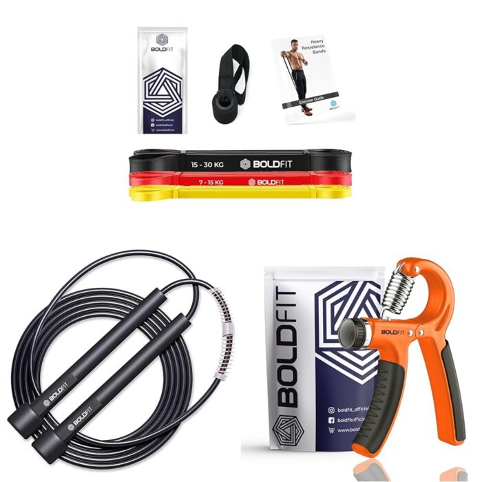 Boldfit: Natural Rubber Heavy Resistance Band, Skipping Rope Black, Polyvinyl Chlorine & Adjustable Hand Grip Strengthener (10-60 Kg) Orange