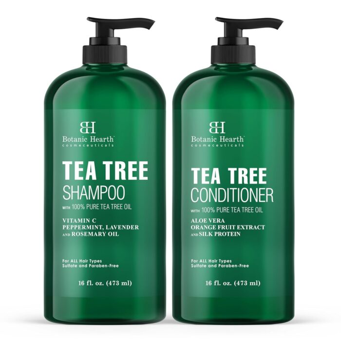 Botanic Hearth Tea Tree Shampoo and Conditioner Set - with 100% Pure Tea Tree Oil, for Itchy and Dry Scalp, Sulfate Free, Paraben Free - for Men and Women - 16 fl oz each