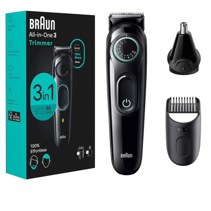 Braun All-in-One Style Kit Series 3 3430, 3-in-1 Trimmer for Men with Beard Trimmer, Ear & Nose Trimmer, Hair Clippers, Ultra-Sharp Blade, 20 Length Settings, Washable