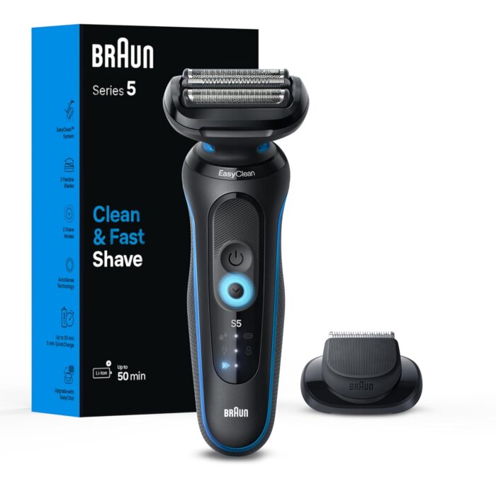 Braun Electric Shaver for Men, Series 5 5118s, Wet & Dry Shave, Turbo Shaving Mode, Foil Shaver, Engineered in Germany, Li-Ion battery up to 50 min, with Precision Trimmer, Blue