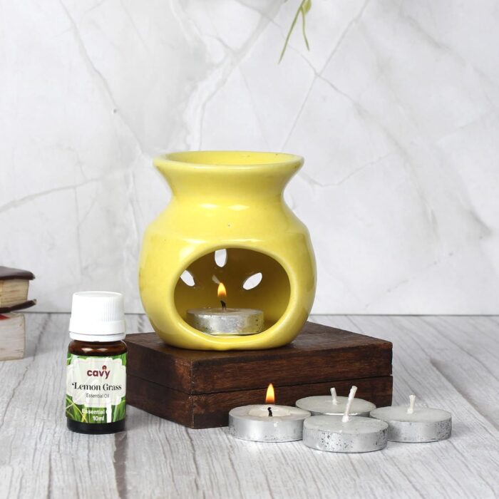 CAVY Decor Aroma Candle Diffuser Set | Air Roma Ceramic Oil Burner with 10ml Essential Oil & 4 Tealight Candles | Candle Operated Aroma Burner for Aromatheraphy for Home Decor, Gift, Office (YELLOW)