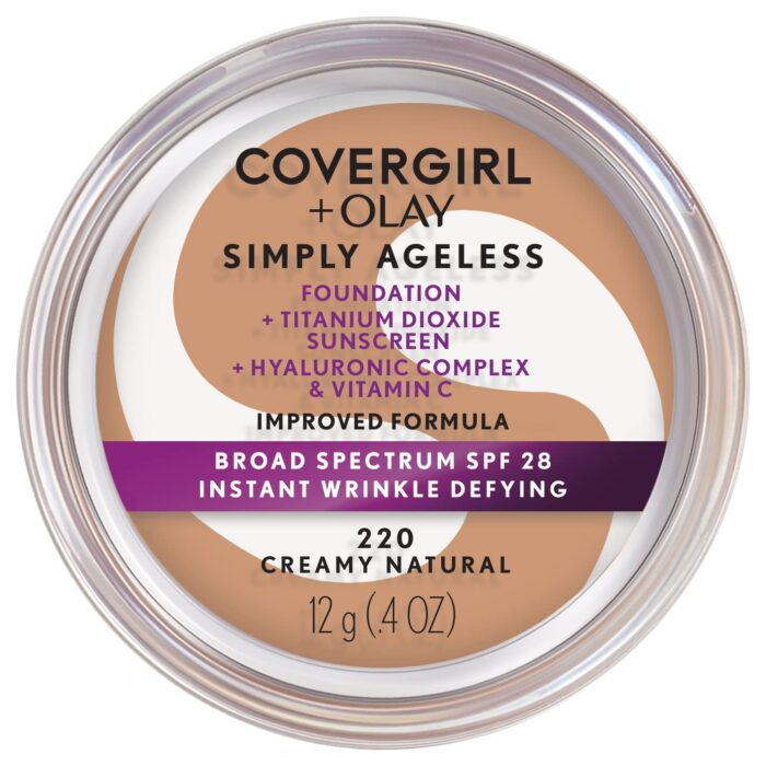 COVERGIRL & Olay Simply Ageless Instant Wrinkle Defying Foundation Creamy Natural 0.4 Ounce Pot, Foundation Plus Titanium Dioxide Sunscreen SPF 28 (packaging may vary)