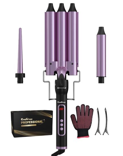 Caupureye 3 In 1 Curling Iron Waving Curler, 3 Ceramic Curler Heads 25 Mm, Hair Curler 32 Mm 9-19 Mm With Lcd Display Adjustable Temperature 80-230 °C For Long Short Hair + Anti-Scalding Glove,Violet