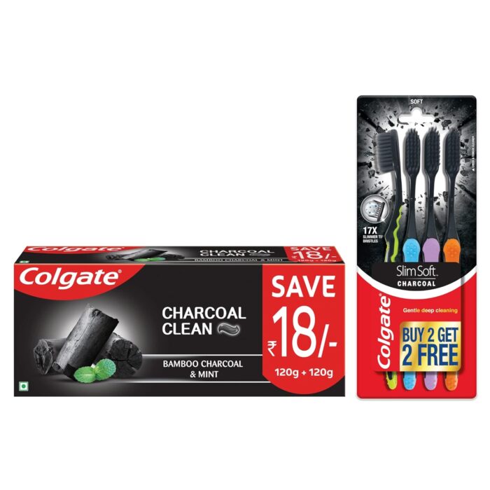 Colgate Charcoal Clean Black Gel Toothpaste, Saver Pack of 240g (120g X 2) with Slim Soft Charcoal Toothbrush, With Bamboo Charcoal & Wintergreen Mint For  Deep Clean & Tingling Fresh Mouth Experience