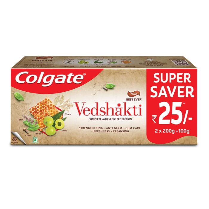 Colgate Swarna Vedshakti Ayurvedic Toothpaste, Anti-Bacterial Paste For Whole Mouth Health, With Neem, Clove, And Honey, 500G, (200G X 2 And 100G X 1) - Massage,Freshness