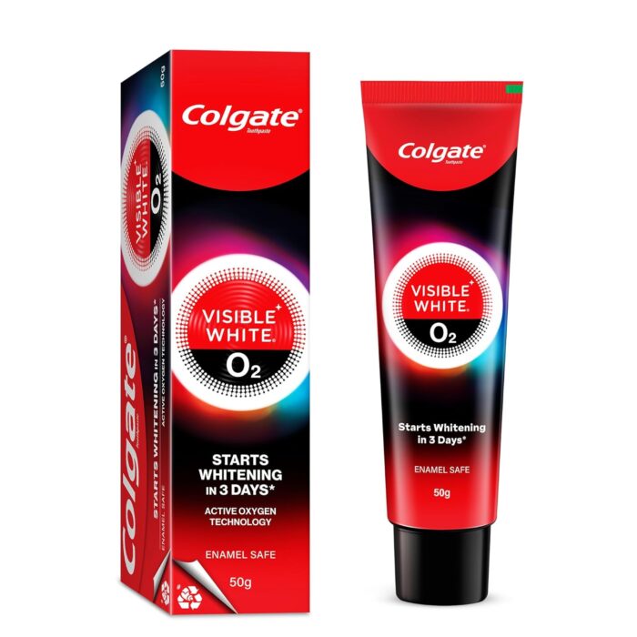 Colgate Visible White O2, Teeth Whitening Toothpaste (50g) for noticeably whiter teeth starting in 3 days with Active Technology, Enamel Safe Teeth Whitening & Fresh Breath
