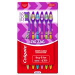 Colgate ZigZag Manual Toothbrush for adults, Pack of 6 Medium Multicolour Soft Tooth brush, Antibacterial with Compact Brush Head for Deep & Complete Cleansing