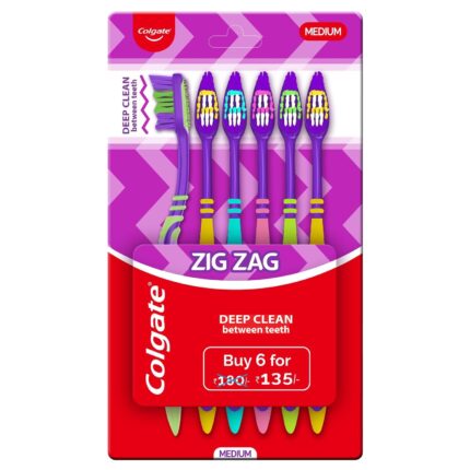 Colgate ZigZag Manual Toothbrush for adults, Pack of 6 Medium Multicolour Soft Tooth brush, Antibacterial with Compact Brush Head for Deep & Complete Cleansing