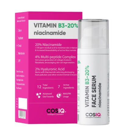 Cos-IQ 20% Niacinamide Face Serum For Clear Glowing Skin, Bright Skin, Reduces Dullness, Hydrates & Repairs Skin with Vit B3 & Hyaluronic Acid for Targets Acne Marks | For Women & Men | 30ml