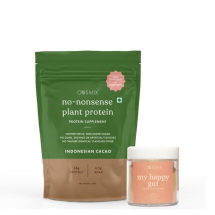 Cosmix No Nonsense Plant Protein +Happy Gut| Plant Protein- Brown Rice & Pea Isolate| Happy Gut- Mulethi, Fermented Papaya, Cumin| Prebiotic & Probiotic (Indonesian Cacao)