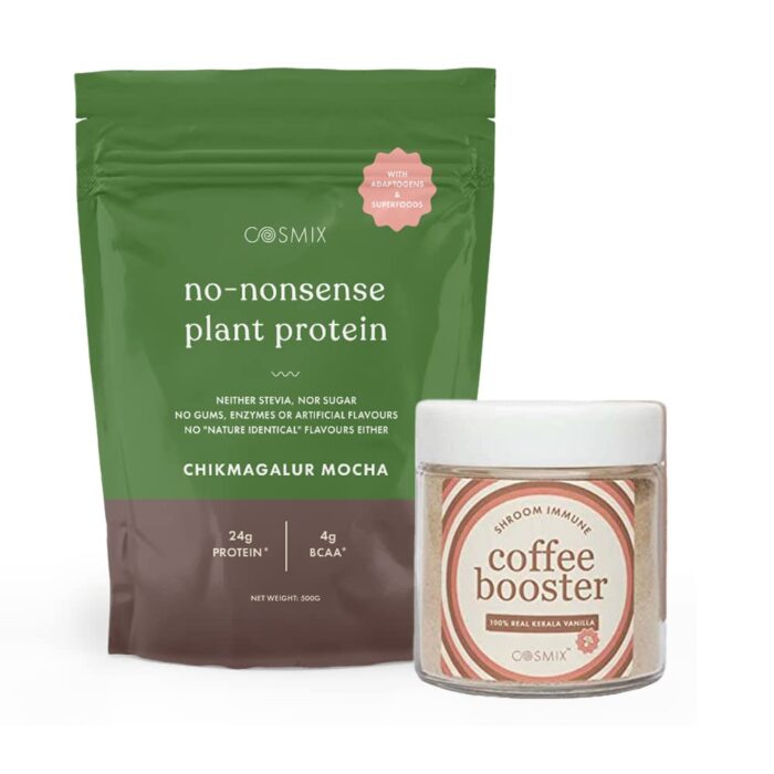 Cosmix No Nonsense Plant Protein + Shroom Immune Coffee Booster Vanilla| Plant Protein- Organic Brown Rice&Pea Isolate|Coffee Booster -Reshi,Chaga&Sliver Ear|Immunity Boosting&Prevent Caffeine Crash