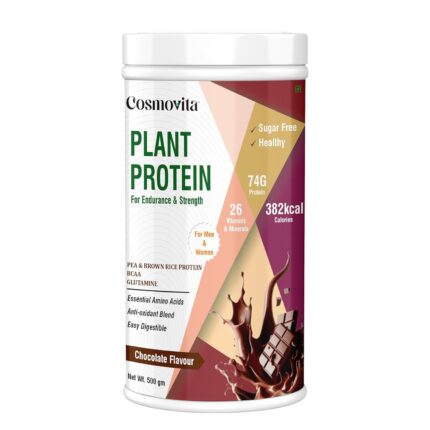 Cosmovita Plant Protein Powder, 24gm Protein, Pea & Brown Rice Protein with rich Amino Acids, BCAA & Glutamine for Men, Women 500gm, Chocolate Flavor.