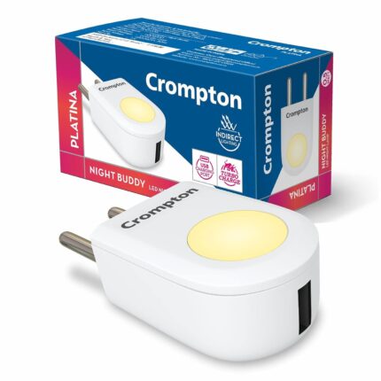 Crompton Night Buddy USB Charger + Lamp| 0.5 W |Turbo Charge | Indirect Lighting | USB Charging Point | 2 Pin Plug | Less Power Consuption | Pack of 1, LED, Plastic| Neutral White