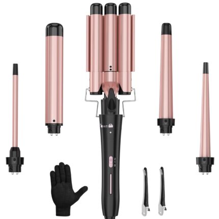 Curling Wand Set, Curling Iron Interchangeable 3 Barrel Wand Curler with Ceramic Tourmaline Professional 5 in 1 Wand Curling Iron,for Women with Curler and Waver