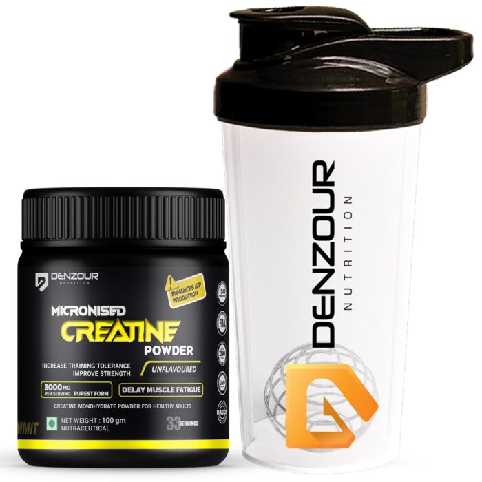 DENZOUR NUTRITION Pure Micronised Creatine Monohydrate | 3g Per Serving | Enhance Strength, Recovery & Muscle Growth | Unflavoured | With Shaker | Lab Certified | 100g | 33 Servings