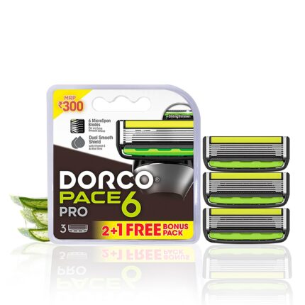 DORCO Pace 6 Pro Cartridge, Pack of 3 | 6 Ultra-Thin Micro Span Blades | Men's Razor Blades with Aloe Strip | Smooth Shaving
