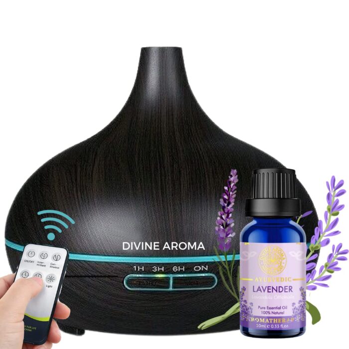 Divine Aroma 500ml Essential Oil Air Humidifier Aromatherapy Wood Grain Aroma Diffuser With Remote Control & Lavender 100% Natural & Pure Essential Oil-10ml Undiluted Combo Pack For Home Fragrance,Aromatherapy,Spa,Office,Home,Bedroom & Leaving Space