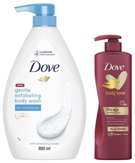 Dove Body Love Pro Age Body Lotion for Mature Skin 48hrs Moisturisation 400 ml & Dove Gentle Exfoliating Nourishing Body Wash, Mild Cleanser Moisturizes Skin, Balances Ph, For All Skin Type, 800 ml