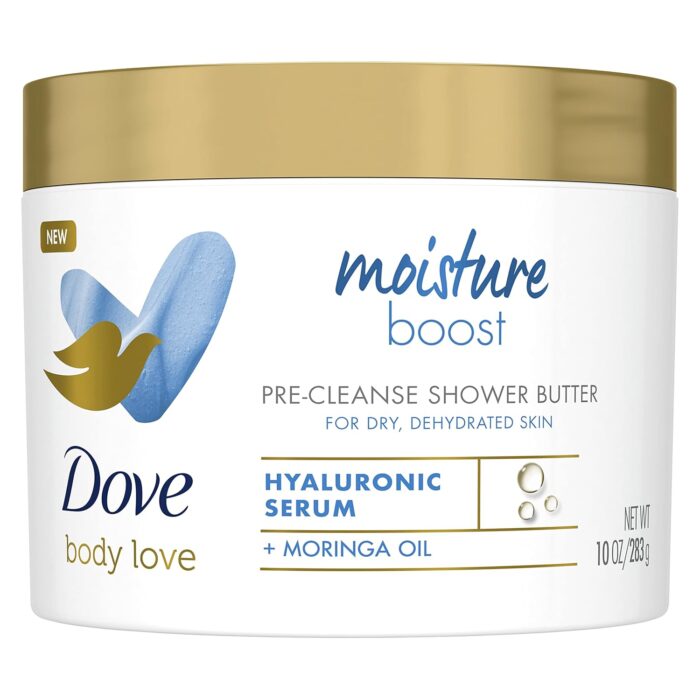 Dove Body Love Shower Cleansing Butter for Dry Skin Moisture Boost Cleanser Silkier than Body Wash with Hyaluronic Acid and Moringa Oil 10 oz