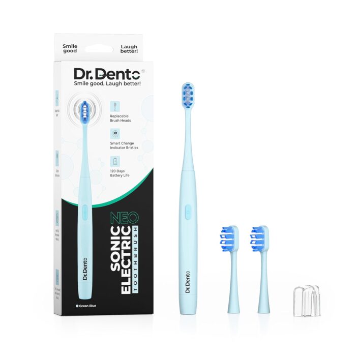 Dr.Dento Neo Sonic Electric Toothbrush | Soft DuPont Bristles | 2 Brush Heads & Cover | 120 Days Battery Life | AAA Powered | Eco-Friendly Design for Unisex Adults | Ocean Blue