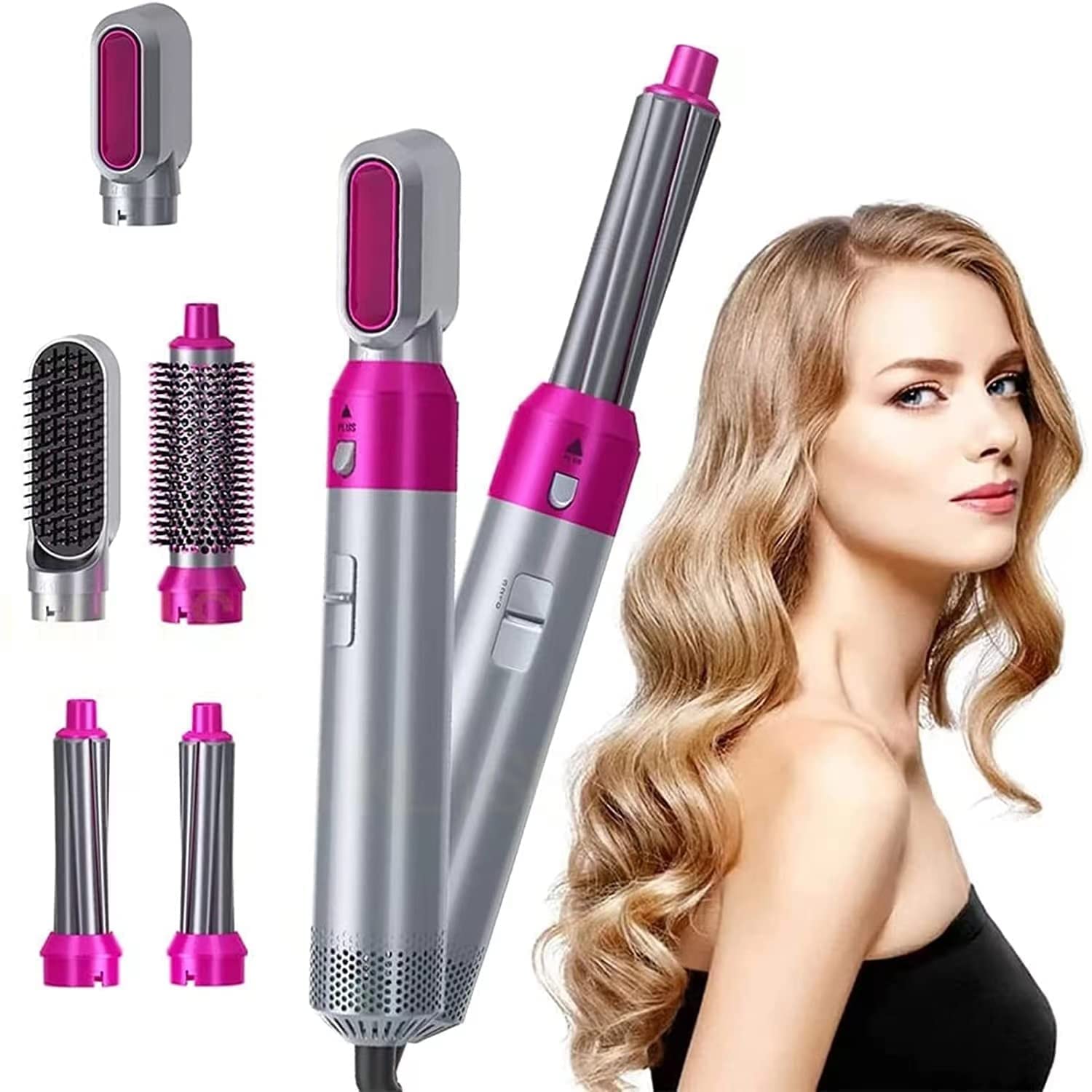 DrizzilingDecor Hot Air Brush for 5 in 1 Hot Air Styler Hair Dryer Comb Multifunctional Styling Tool Fast Heating Crimper Wand Curler in All Hair Type,Negative Ion Comb for Straightening (Pink)