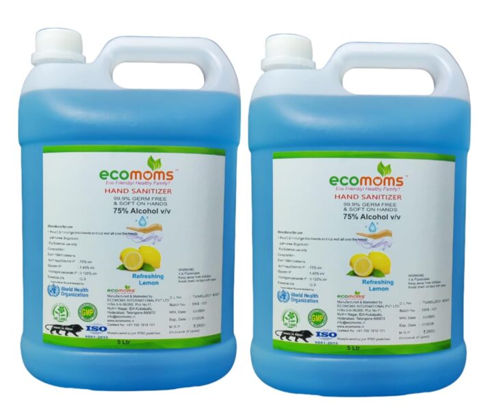 Ecomoms Hand Sanitizer 10 litre - 99.99% Effective Against Germs -75% Alcohol | Skin Friendly and Safe for Kids | Instant Germ-Free Protection (5 litre, Pack of 2)