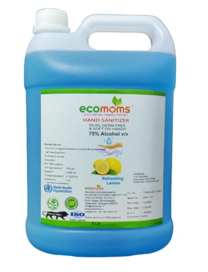 Ecomoms Hand Sanitizer 5 litre - 99.99% Effective Against Germs -75% Alcohol | Skin Friendly and Safe for Kids | Instant Germ-Free Protection (5 litre, Pack of 1)