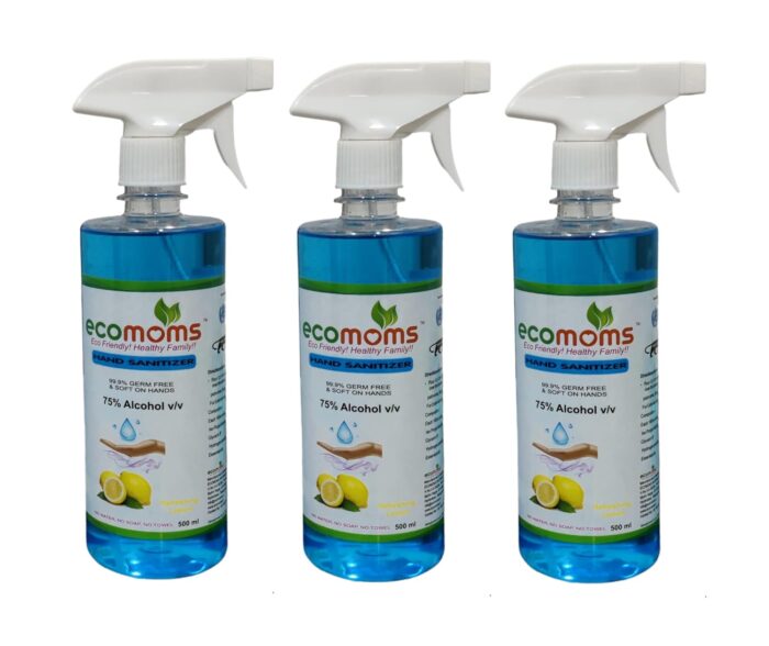 Ecomoms Hand Sanitizer 500ml 99.99% Effective Against Germs -75% Alcohol | Skin Friendly and Safe for Kids | Instant Germ-Free Protection 500ml (Pack of 3)
