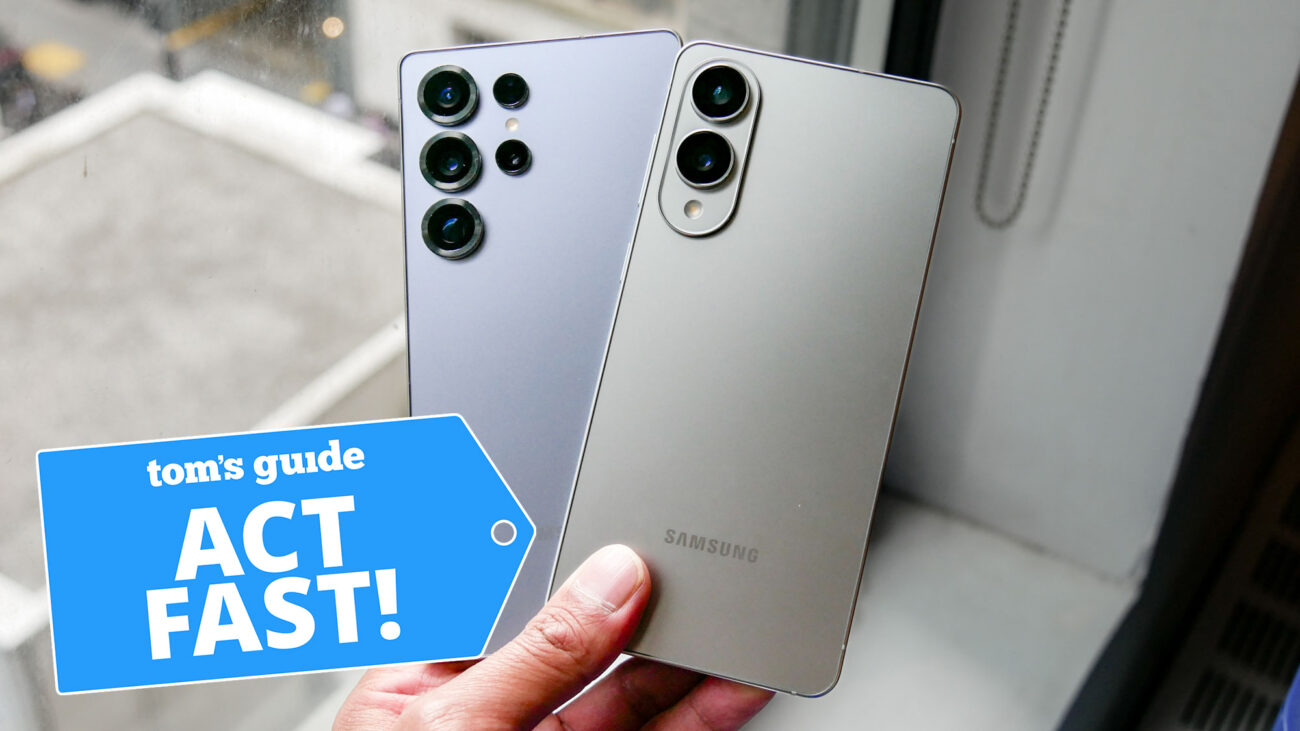 Samsung Galaxy S25 Ultra and S25 Edge in-hand with 'Act Fast!' badge overlaid