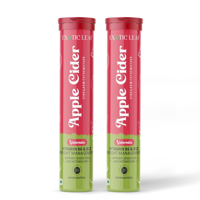 Exotic Leaf Apple Cider Vinegar Effervescent Tablets | Watermelon Flavor | With Vitamin B6 & B12 | Supports Weight Loss & Management | Detox & Digestion Boost | Pack of 2 | 20 Tablets