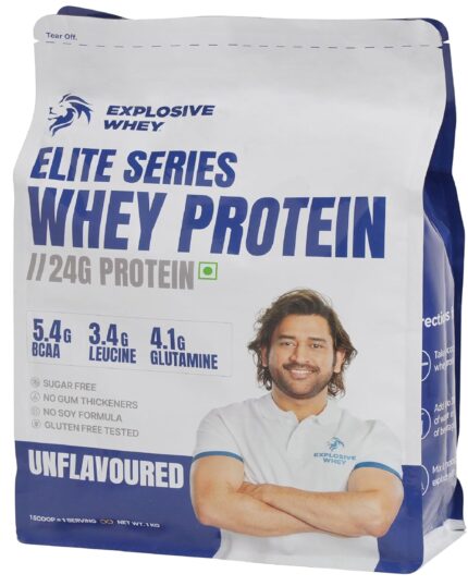 Explosive Whey Elite Series Whey Protein - Trusted by M.S. Dhoni and Kedar Jadhav | Premium, Concentrate Sport Supplements for Enhanced Muscle Growth and Recovery (30 Servings - 1Kg, Unflavoured 24g Protein)