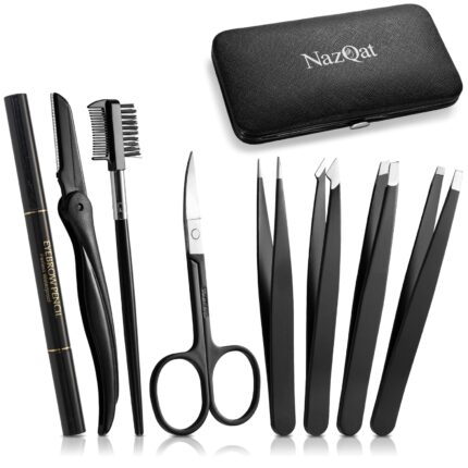 Eyebrow Kit, 8in1, Tweezers for Women and Men – Shaping, Grooming, Threading, Trimming Kit Including Razor, Pencil, Eyebrow Scissors and Brush with Portable Travel Case