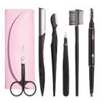 Eyebrow Kit, BOYI 6 in 1 Tweezers for Eyebrows, All-in-one Eyebrow Grooming Set Dermaplaning Tool Eyebrow Razor Brush Scissors Brown Eyebrow Pencil with Leather Pouch (A-Pink)
