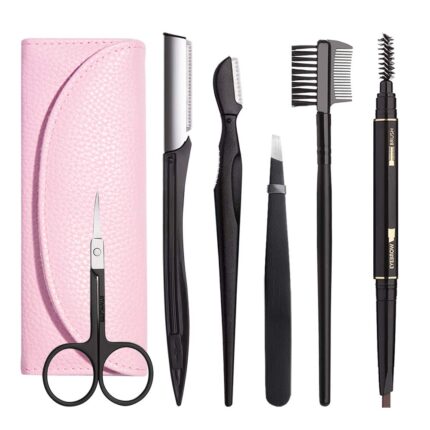 Eyebrow Kit, BOYI 6 in 1 Tweezers for Eyebrows, All-in-one Eyebrow Grooming Set Dermaplaning Tool Eyebrow Razor Brush Scissors Brown Eyebrow Pencil with Leather Pouch (A-Pink)