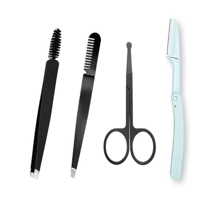 Eyebrow Tweezer Set 4 in 1 Eyebrow Kit,Pro Eyebrow Grooming Set, Eyebrow Trimmers Set Including Eyebrow Razor,Trimmer, Brush, Eyebrow Scissors,Tweezers for Facial Hair, Splinter & Ingrown Hair Removal