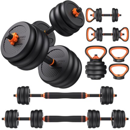 FEIERDUN Adjustable Dumbbells, 44lbs Free Weight Set with Connector, 4 in1 Dumbbells Set Used as Barbell, Kettlebells, Push up Stand, Fitness Exercises for Home Gym Suitable Men/Women