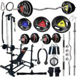 FITCROWD 10KG -100KG Rubber Coated Weight Plates Combo with 20 IN 1 Home Gym Bench, 5Ft Plain and 3Ft Curl Barbell Rods (23mm), Pair of Steel Dumbbell Rod & Accessories (90, Kilograms)