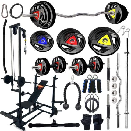 FITCROWD 10KG -100KG Rubber Coated Weight Plates Combo with 20 IN 1 Home Gym Bench, 5Ft Plain and 3Ft Curl Barbell Rods (23mm), Pair of Steel Dumbbell Rod & Accessories (90, Kilograms)