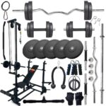 FITCROWD 10KG -100KG Rubber Weight Plates Combo with 20 IN 1 Home Gym Bench, 5Ft Plain and 3Ft Curl Barbell Rods (23mm), Pair of Steel Dumbbell Rod & Accessories (30, Kilograms)