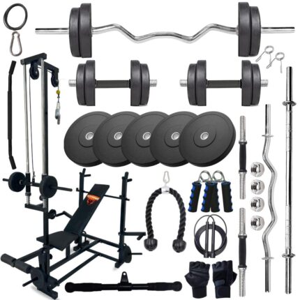 FITCROWD 10KG -100KG Rubber Weight Plates Combo with 20 IN 1 Home Gym Bench, 5Ft Plain and 3Ft Curl Barbell Rods (23mm), Pair of Steel Dumbbell Rod & Accessories (30, Kilograms)
