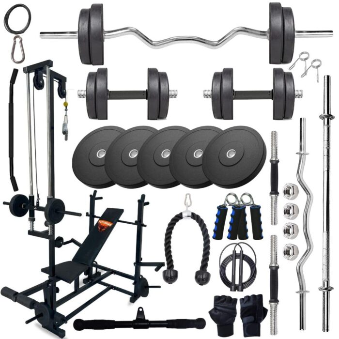 FITCROWD 10KG -100KG Rubber Weight Plates Combo with 20 IN 1 Home Gym Bench, 5Ft Plain and 3Ft Curl Barbell Rods (23mm), Pair of Steel Dumbbell Rod & Accessories (30, Kilograms)