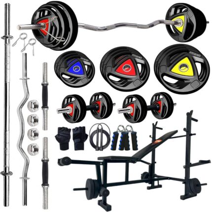 FITCROWD 10KG -100KG Rubber Weight Plates Combo with Adjustable Home Gym Bench, 5Ft Plain and 3Ft Curl Barbell Rods (23mm), Pair of Steel Dumbbell Rod & Accessories (30, Kilograms)