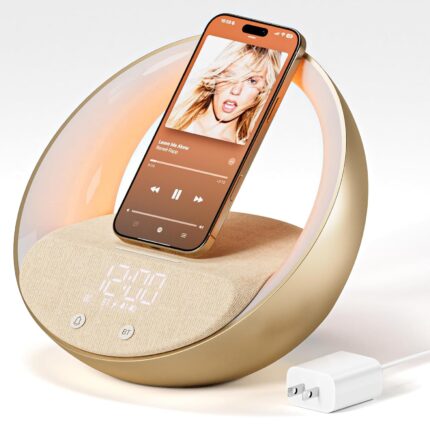 FUNFOR Bluetooth Alarm Clock, Sunrise Simulation Wake Up Night Light, 15W Fast Wireless Charging Alarm Clock for Bedroom, 10W Bluetooth Stereo Sound Speaker, USB Charger Port