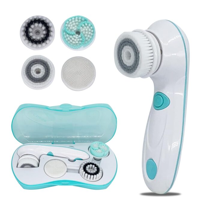 Facial Cleansing Brush, 4-in-1 Waterproof Electric Face Scrubber with 2 Speeds Adjustable, Rechargeable Face Brushes for Cleansing Exfoliating and Removing Blackhead (Green)