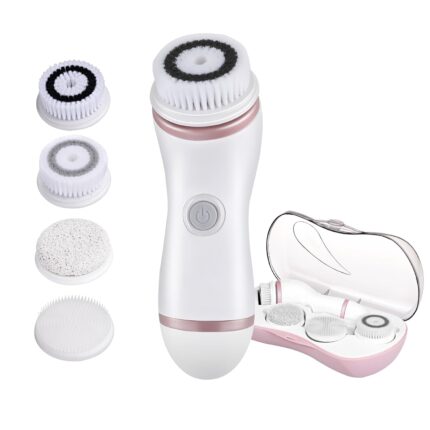 Facial Cleansing Brush, Electric Face Brush Cleanser with 4 Cleanser Heads and 2 Speeds Adjustable, Waterproof Rechargeable Face Scrubber for Women Cleansing Exfoliating and Removing Blackhead (Pink)