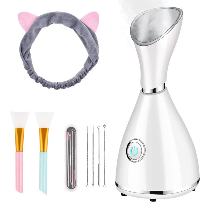 Facial Steamer for Facial Deep Cleaning, Moisturize, Unclog Pores, Face Spa, Nano Ionic Humidifier, Home Facial Warm Mist Face steamer with Blackhead Removal Kit, Mask Brush, Hair Band