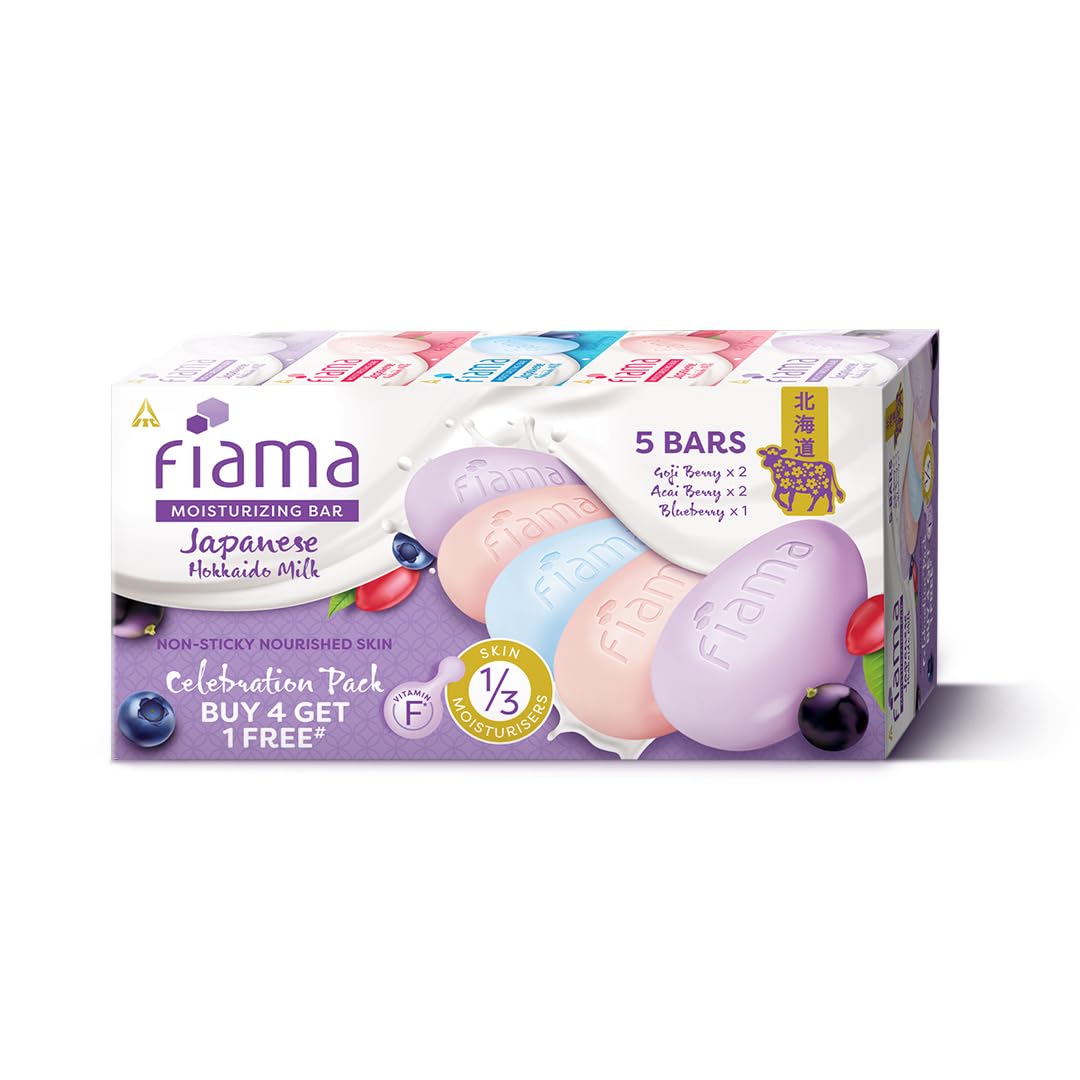 Fiama Moisturizing Soap Bars Celebration Pack, Japanese Hokkaido Milk & Berries, Fiama Soaps Pack of 5, Non-Sticky Moisturized Skin, 1/3rd Skin Moisturizers, Vitamin F, Buy 4 Get 1 Free
