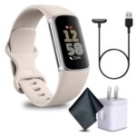 Fitbit Charge 6 Fitness Tracker Smartwatch Bundle with Cleaning Cloth and Charger (Porcelain/Silver)